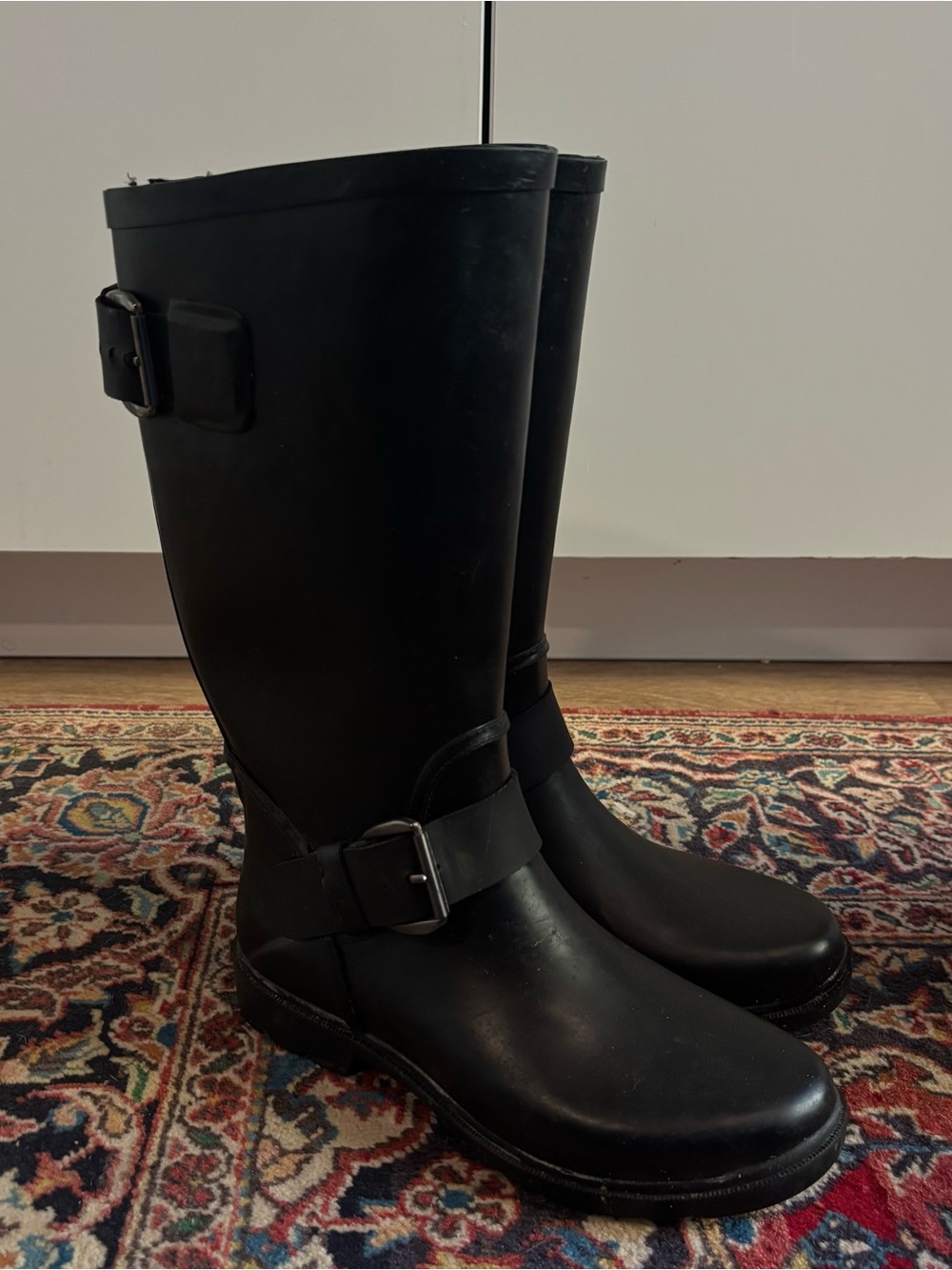 Vintage Black Knee-High Rain Boots with Buckle Detail